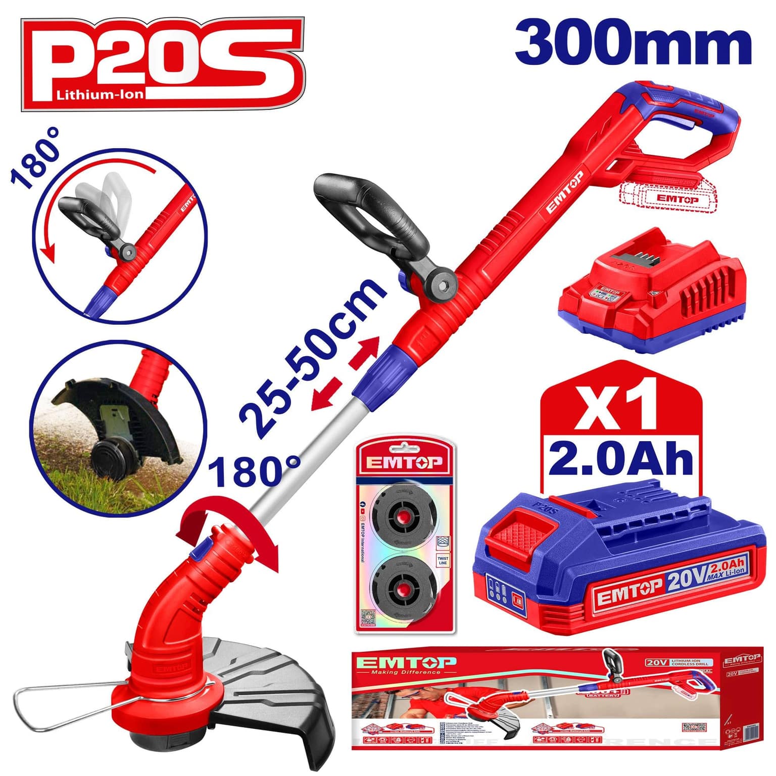 EMTOP ELGT203011 20V Cordless Grass Trimmer