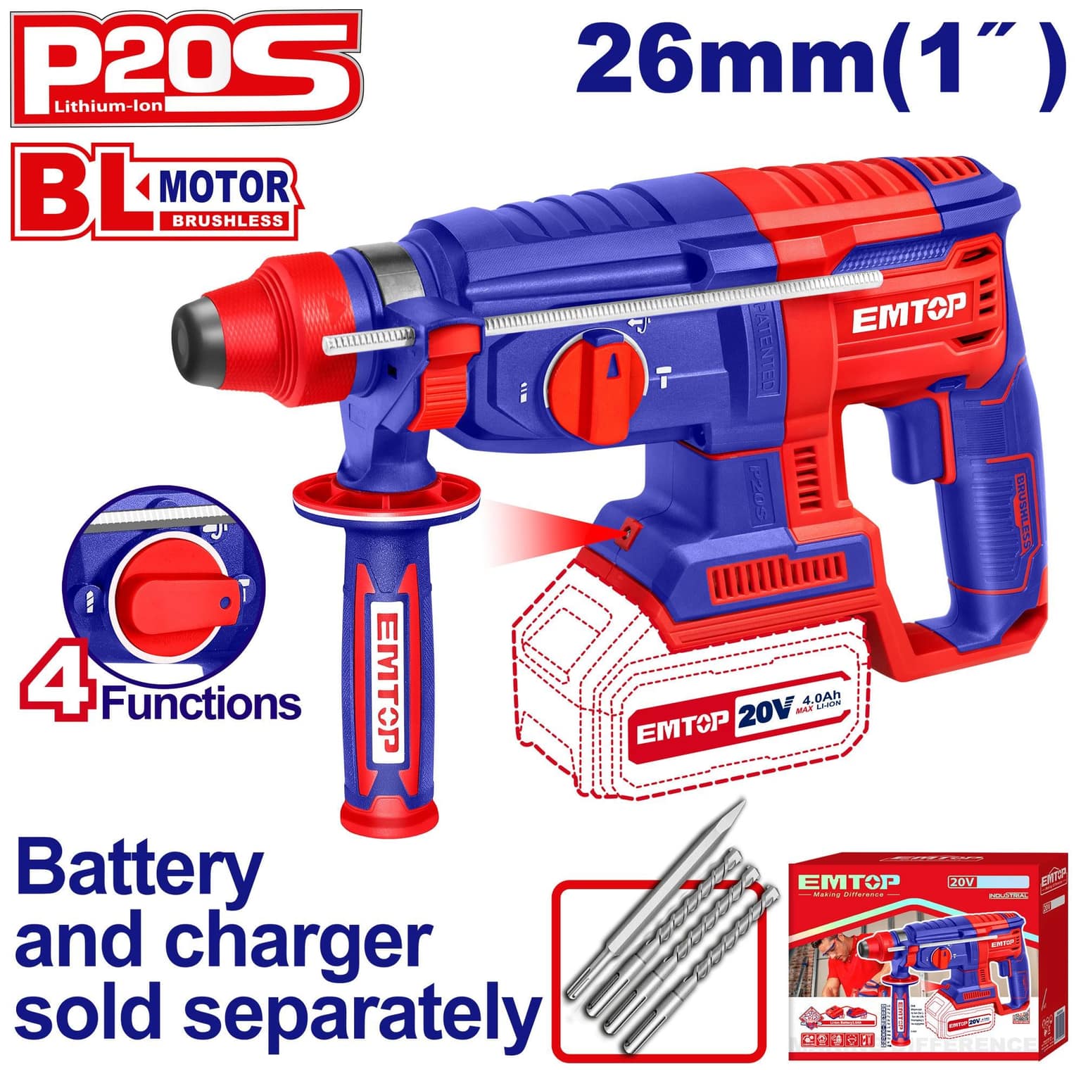 EMTOP ELRH20228 20V Cordless Rotary Hammer