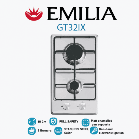 Emilia Built-in Gas Hob 30cm 2 Burners - Stainless Steel