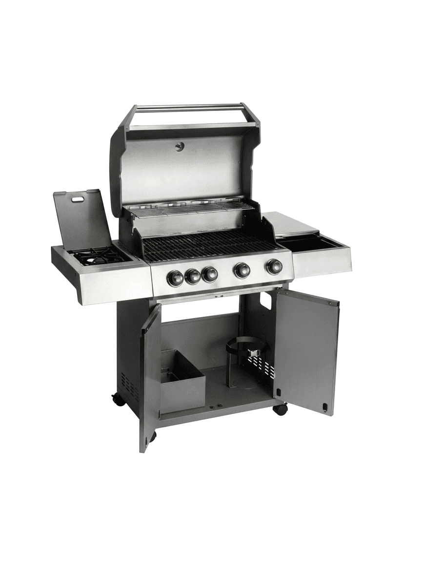 Premium 5-Burner Gas Grill + Side Burner + Infrared Back Burner - Tempered Glass Front, Matt Black, with Roaster Motor Kit