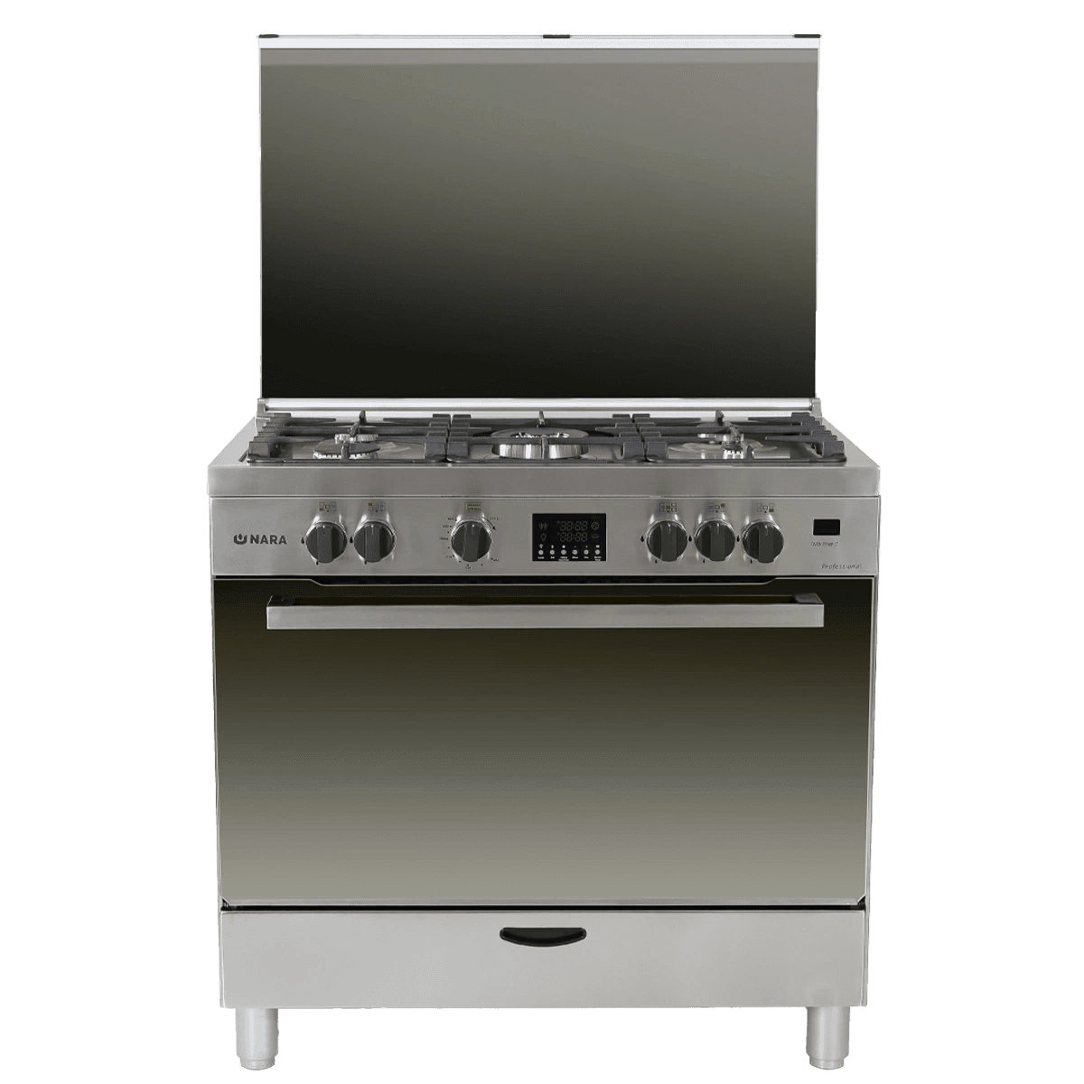 Nara Gas Cooker 90x60 cm - 5 Gas Burners - Matt Stainless Steel - Cast Iron Pan Support - Double Oven Fans - Full Safety - Digital Timer