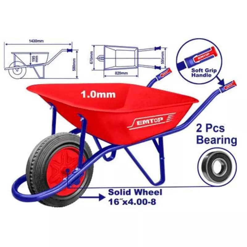 EMTOP EWWB4010D Heavy-Duty Concrete Wheelbarrow – 65L
