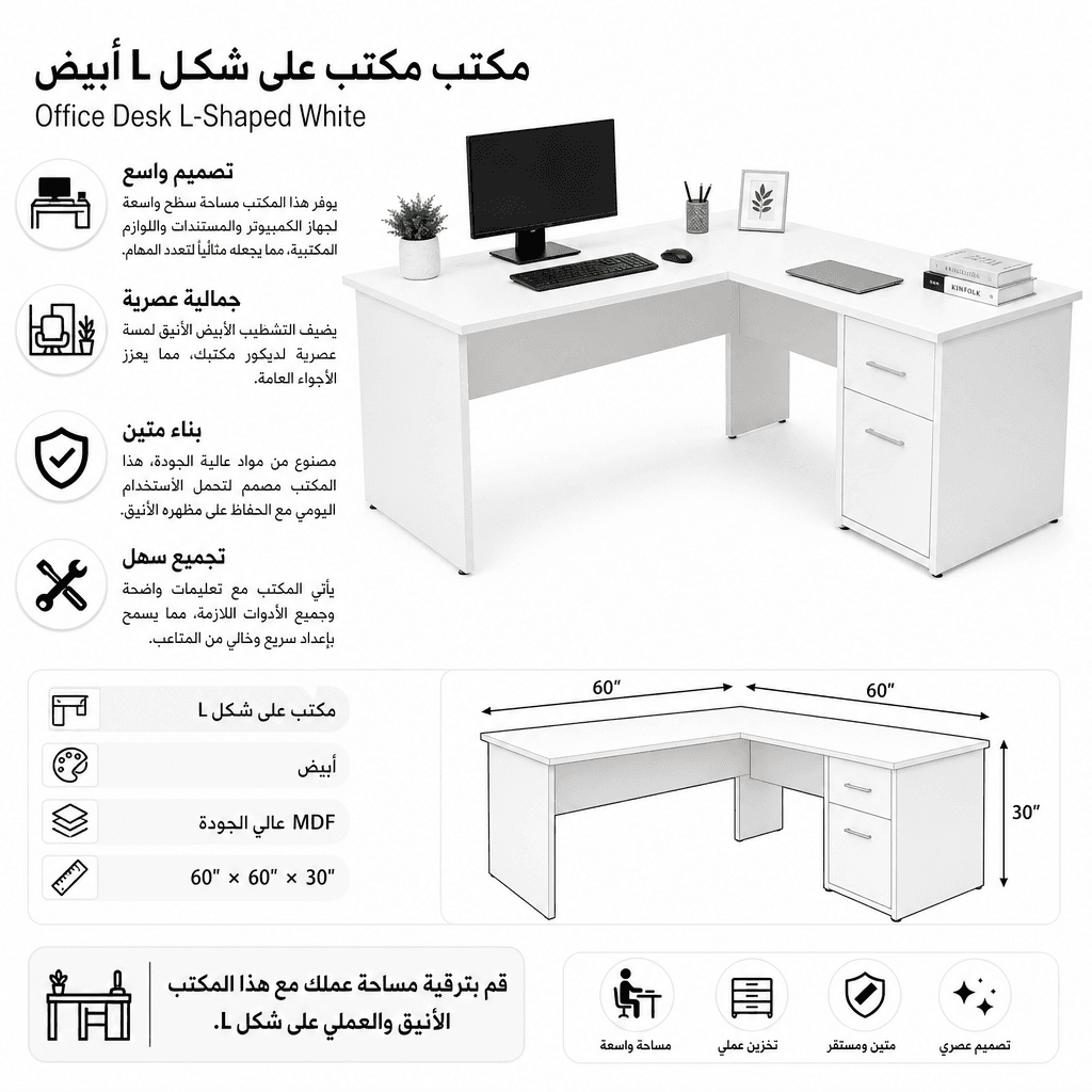 Office Desk L-Shaped White