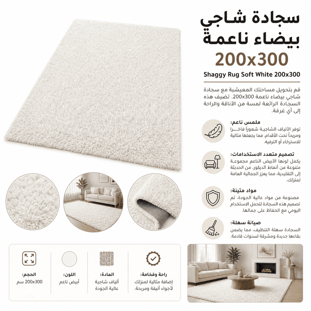Shaggy Rug Soft White 200x300