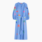 Vilagallo Blue Dress With Tropical Embroidery product image