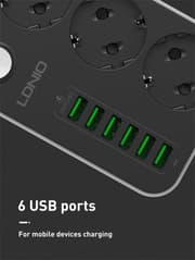 وصلة كهرباء 3 مخارج فبش المانيو 6 منافذ USB سريعة الشحن من LDNIO product image