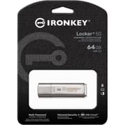 Kingston Ironkey Locker+ 50 64GB Encrypted Flash Drive USB 3.2 XTS-AES Protection Multi-Password Security Options Automatic Cloud Backup Metal Casing product image