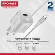 Promate PowerPort-PDQC3 USB-C Charger Premium 33W with 22.5W Quick Charge 3.0 Port & 1.5M Type-C Cable EU Interface - White product image