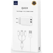 WIWU Wi-U003 Quick Series Dual USB Charger with 3 in 1 USB To Type-C + Lightning + Micro, Charging Data Cable Set- White product image