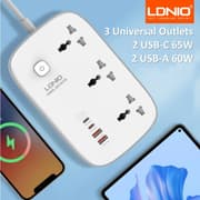 LDNIO SC6 Universal Power Socket 3250W USB C PD Fast Charging 3 Outlet Multi Plug Extension Cord, 2M Cable Surge Protector - White product image