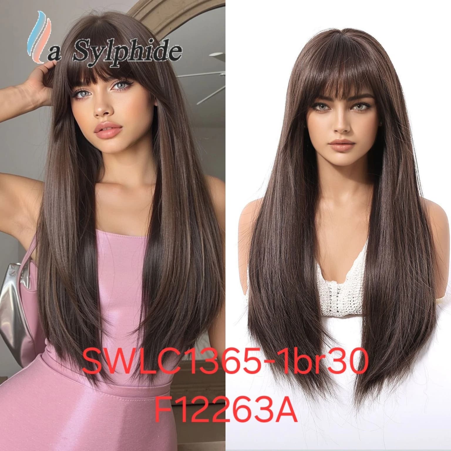 Heat-Resistant Synthetic Wig,Long Hair With Bangs, Model SWLC1365-1BR30-F12263A