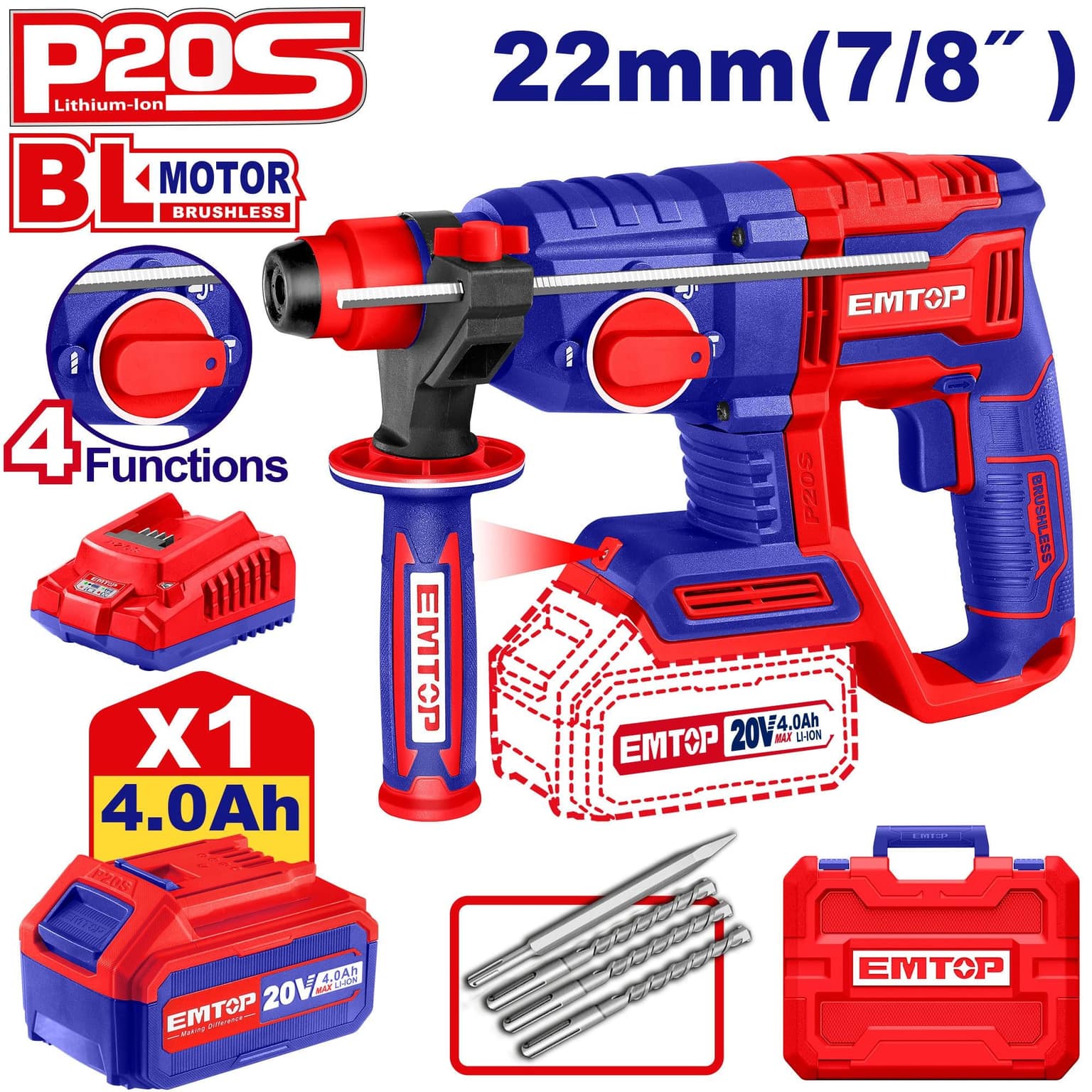EMTOP ELRH202081 20V Cordless Rotary Hammer