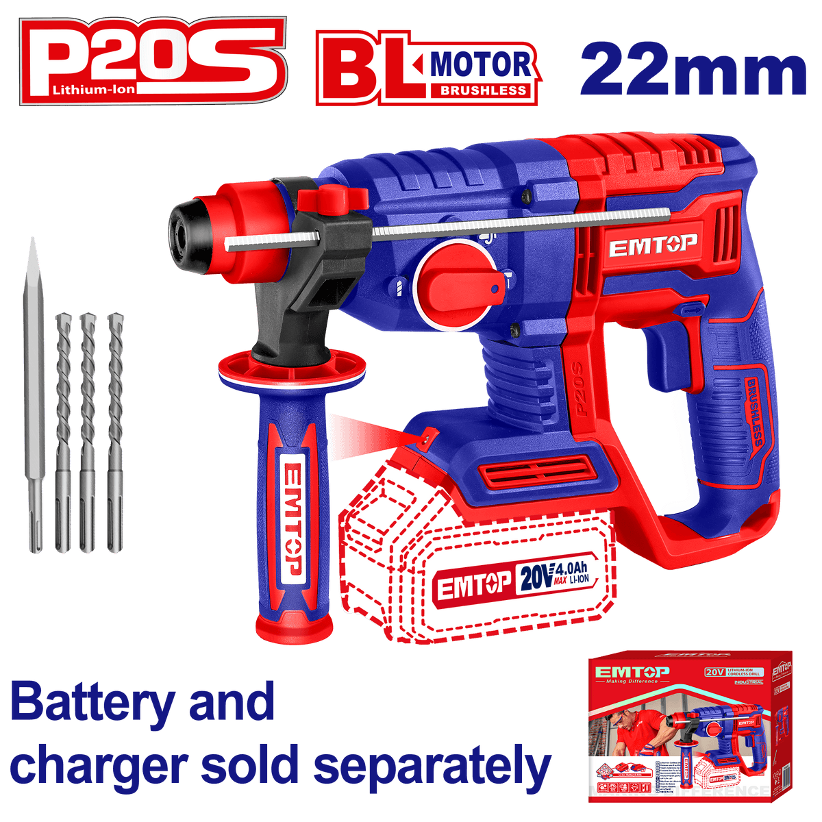 EMTOP ELRH20208 20V Cordless Rotary Hammer