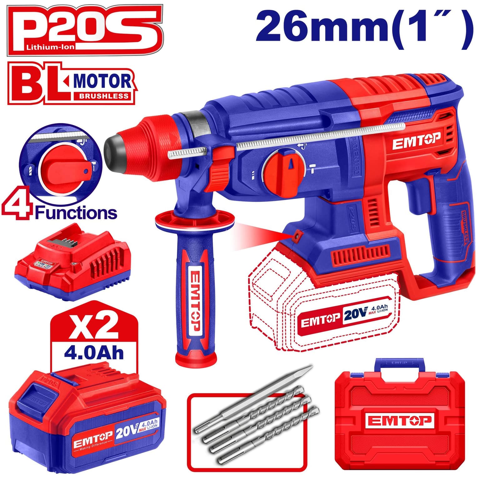 EMTOP ELRH202287 20V Cordless Rotary Hammer