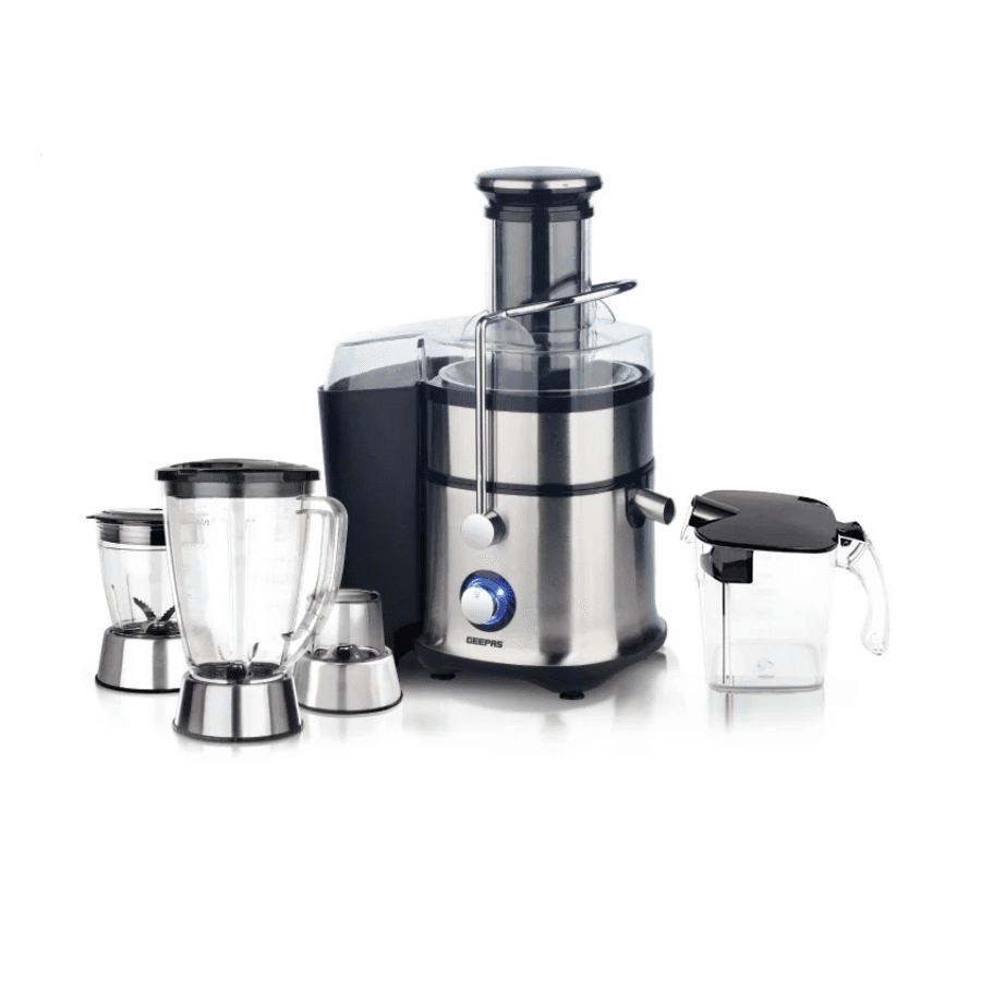 Geepas 4-in-1 Juicer Blender - 800W Power, Durable Stainless Steel Body, Includes Chopper, Grinder & Wide-Feeder Fruit Juicer