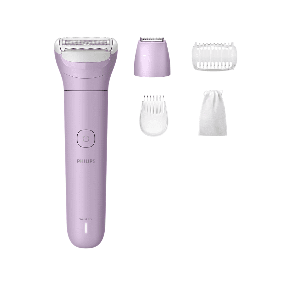 Philips Lady Shaver Series 6000 - Cordless Wet & Dry Electric Shaver, Gentle Shave with 4 Accessories - White/Purple