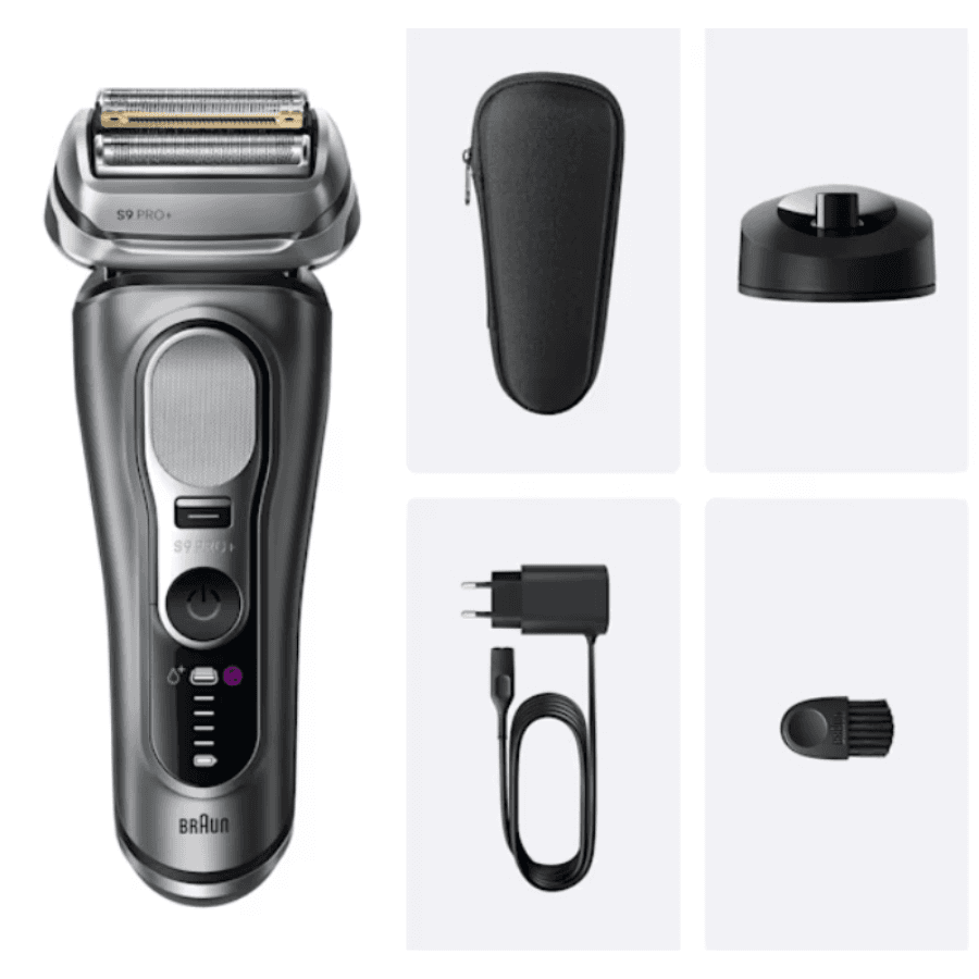 Braun Series 9 Pro+ Electric Shaver 9615s - Premium Wet & Dry Foil Shaver with Built-in ProTrimmer, Charging Stand & Travel Case - Noble Silver
