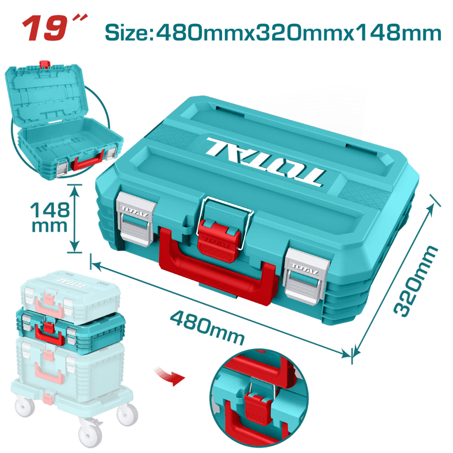 Total 19 Inch Stackable Tool Box Heavy Duty PP Plastic Storage Organizer with 15kg Load Capacity Model TPBXS102
