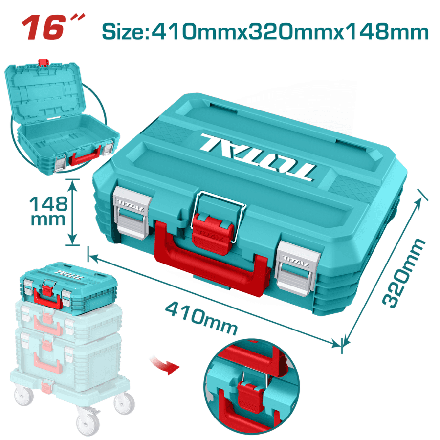 Total 16 Inch Stackable Tool Box Durable PP Plastic 15kg Load Capacity Heavy Duty Storage Organizer Model TPBXS101