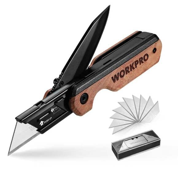 WorkPro WP211015 2-in-1 Professional Folding Pocket Knife & Utility Knife with Wood Handle