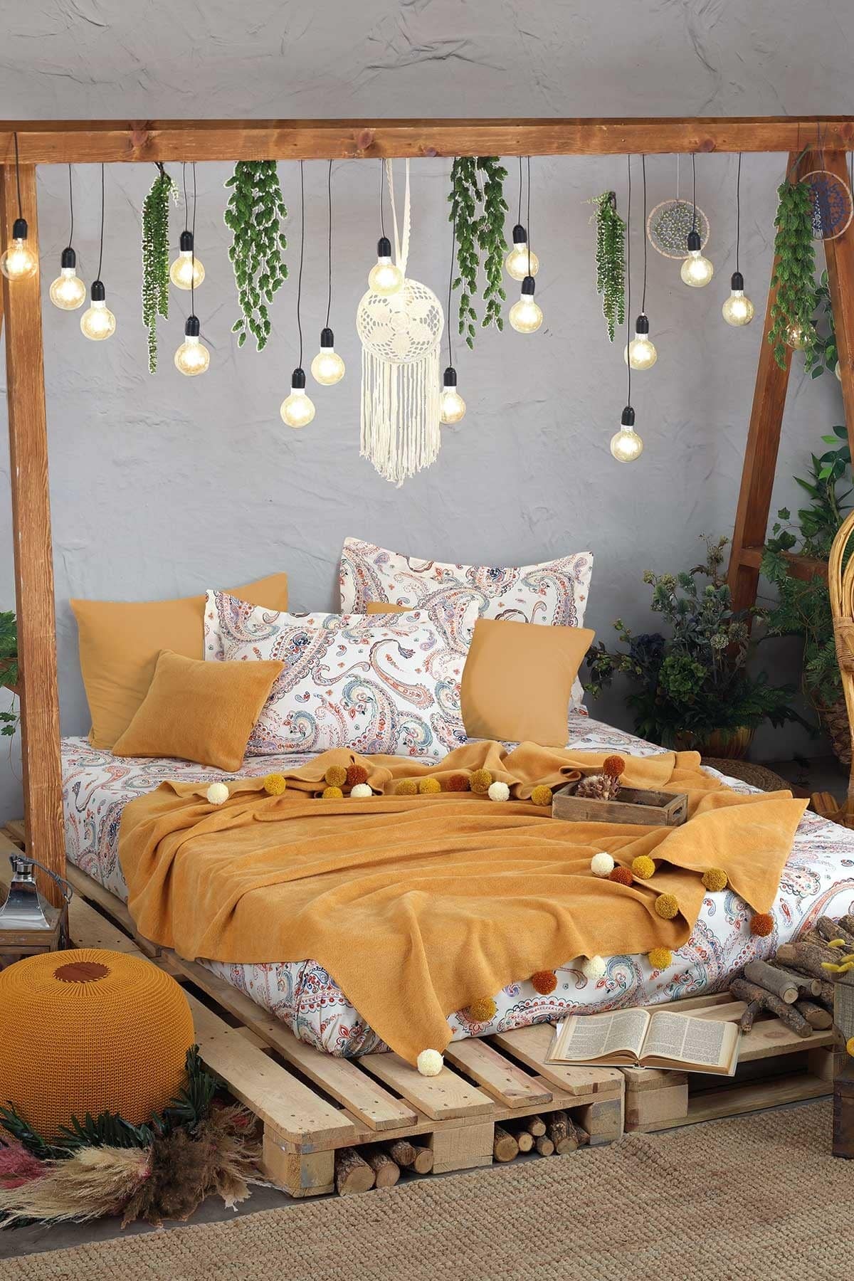 طقم بطانية مجوز كبير 4 قطع من Iyigeceler Istanbul Boho Chic - أصفر داكن