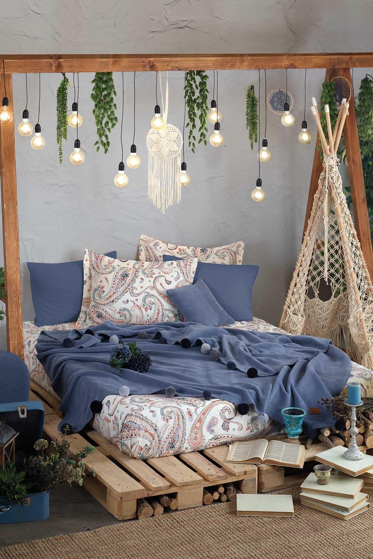 طقم بطانية مجوز كبير 4 قطع من Iyigeceler Istanbul Boho Chic - أزرق داكن